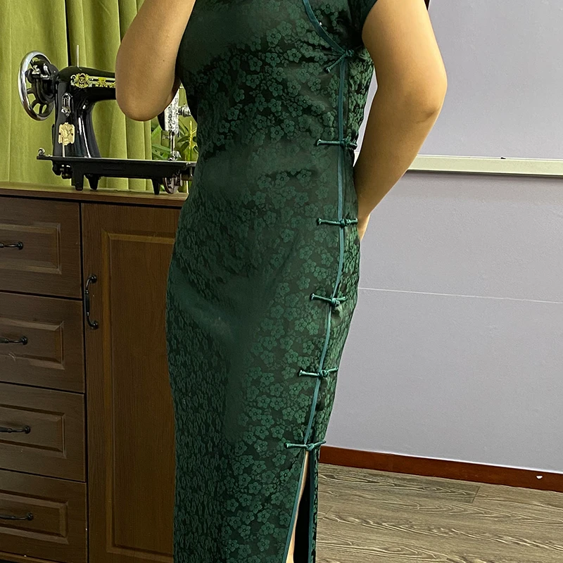 【梅语】锦暮溪新品平裁无省全开襟手工9对盘扣128长提花国风旗袍