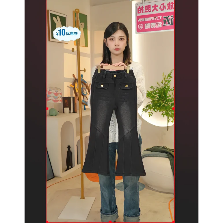 MT新款加绒牛仔裤儿童冬季加厚裤子女大童黑色高腰喇叭裤休闲裤