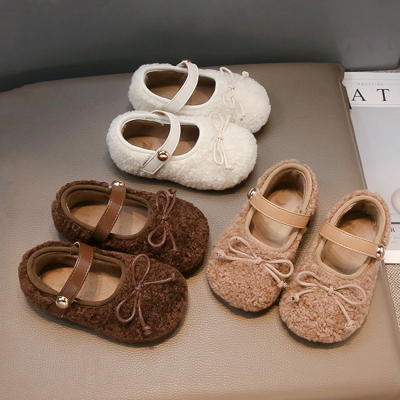 女童韩版毛毛鞋2024冬季新款时尚蝴蝶结公主棉鞋女宝宝保暖豆豆鞋