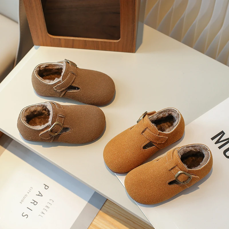 儿童加绒勃肯鞋2024冬季新款女童毛毛鞋男童休闲豆豆鞋复古软底潮