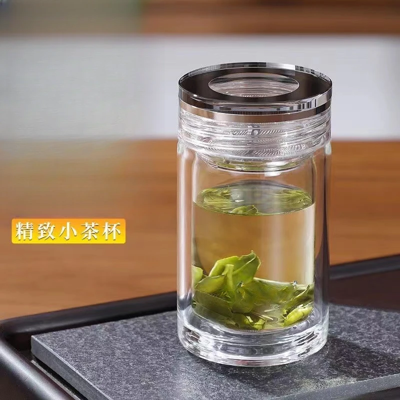 【密封好不漏水】平面水晶双层加厚迷你茶杯便携简约耐热高硼硅玻璃