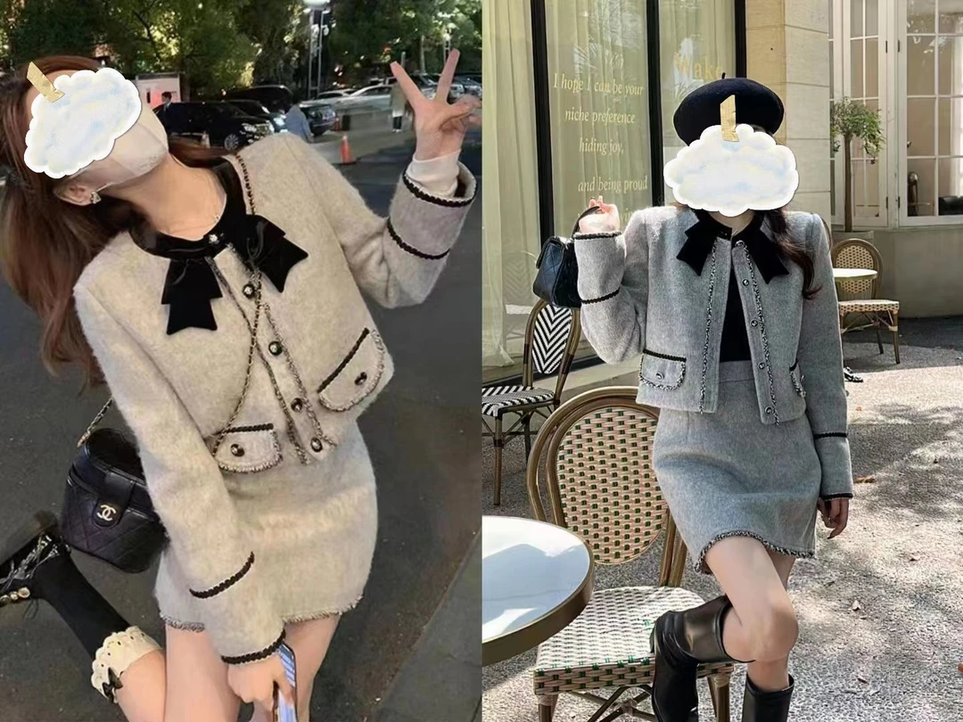 【贝姐同款】16千金出行蝴蝶结羽绒小香风羊毛套装+松紧腰短裙