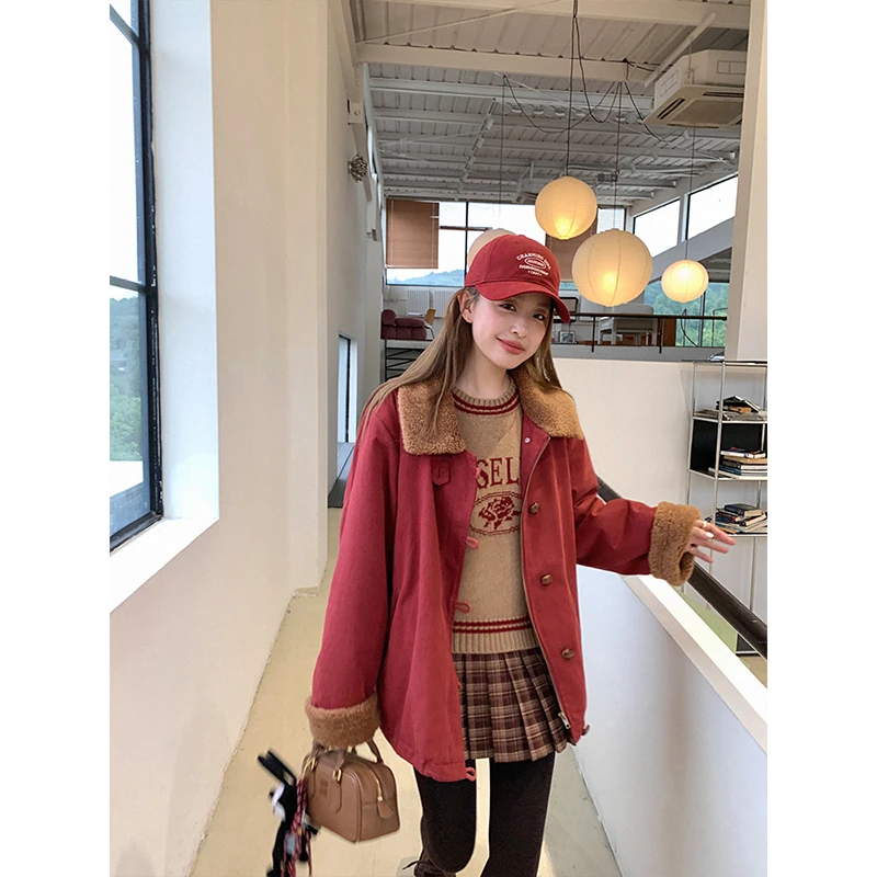 CheriZ 高级时髦红色棉服猎装派克服（绗棉）