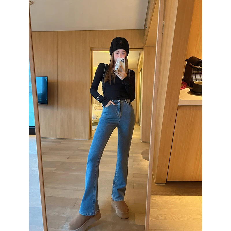 CHERI.Z春秋新款美式牛仔裤高腰蓝色喇叭裤时尚女款裤子长裤显瘦