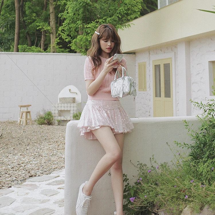 CHERI.Z粉色闪闪亮片半身裙女名媛夏芭蕾风不规则高腰蛋糕裙短裙
