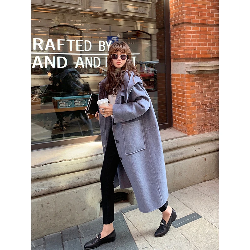 CHERI.Z迷雾蓝连帽大衣毛呢外套女士中长款呢子大衣