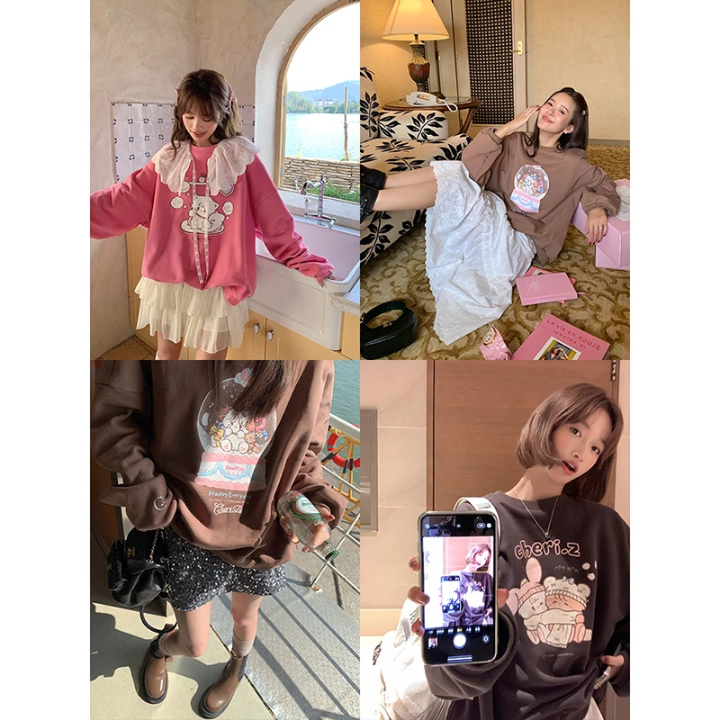 CHERI.ZCheriZ 卡通图案宽松圆领卫衣女2023新款秋冬无帽粉色上衣