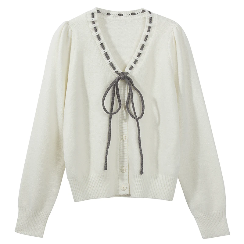 CHERI.Z秋季新款毛衣针织衫设计感系带撞色套头长袖上衣休闲女