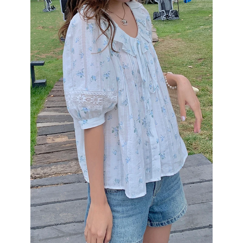CHERI.Z薄款白色清新女夏季温柔法式蕾丝碎花衬衫小众气质上衣