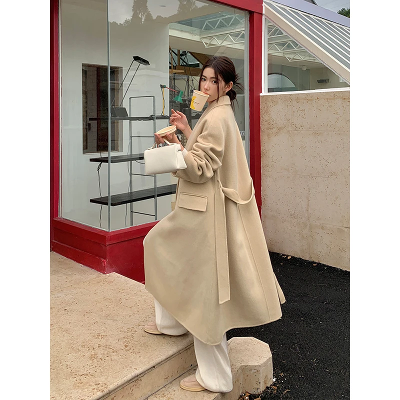 CHERI.Z100绵羊毛浅驼色中长款呢子大衣2023冬季毛呢外套女