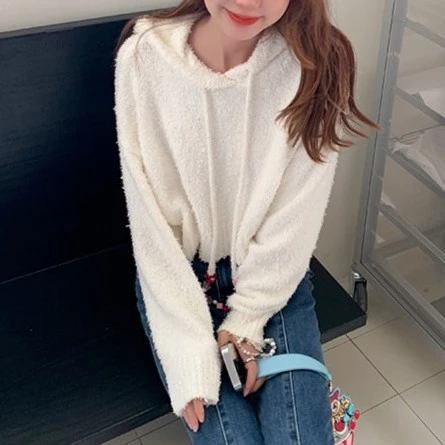 清仓款白色连帽针织衫女早秋新款慵懒小香风纯色毛衣