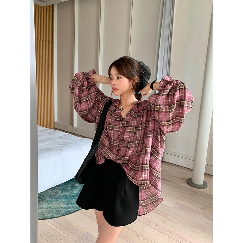 【某xian某量 】草莓乌龙巧 2.5m量感纸片人 粉格子轻盈宽松衬衫