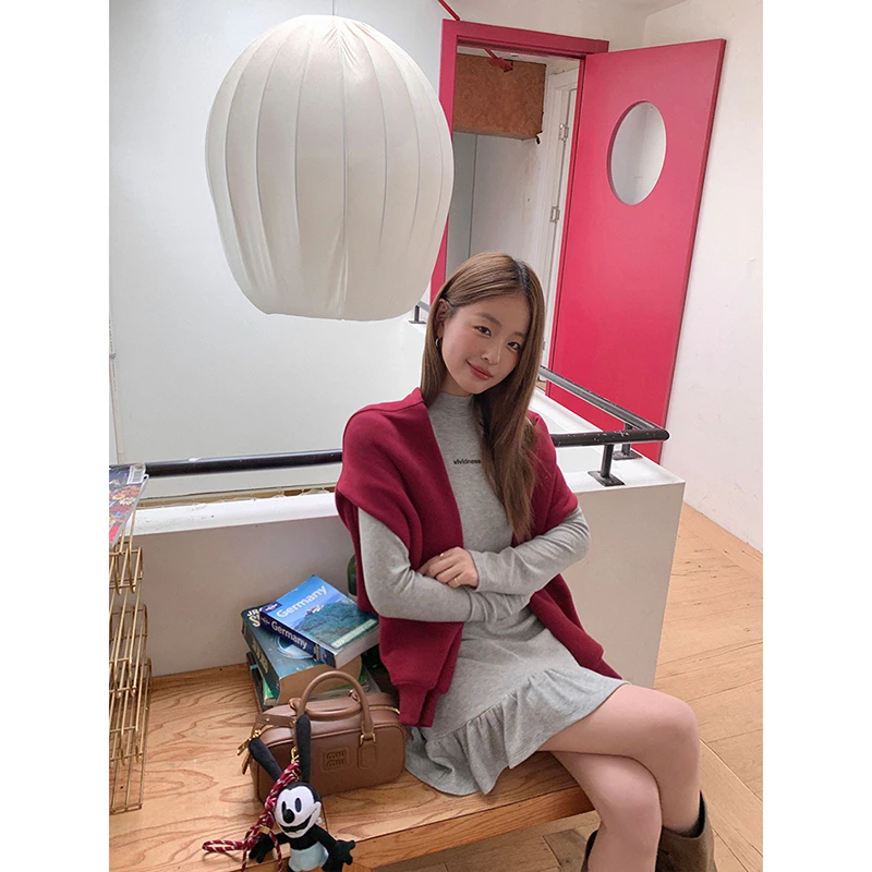 CheriZ 德绒面料 灰色高领长袖连衣裙C24D14051Z95