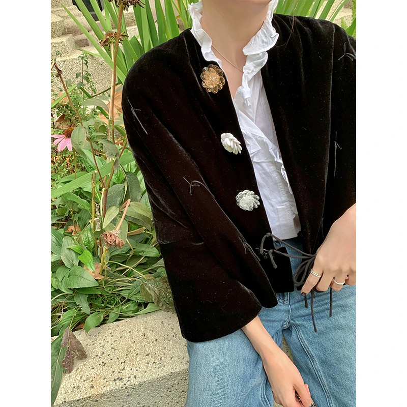 CHERI.Z繁花新中式桑蚕丝+绵羊毛外套秋冬款黑色外套C23D09073W