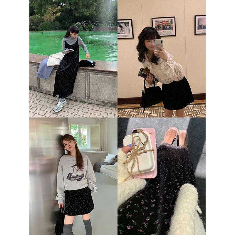 CHERI.Z丝绒小碎花黑色小吊带连衣裙女冬季气质修身显瘦长裙