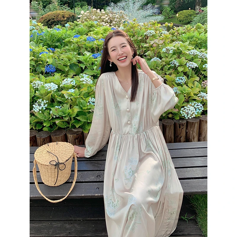 CHERI.Z定制水墨画印花缎面甜美宽松V领高腰碎花连衣裙长裙