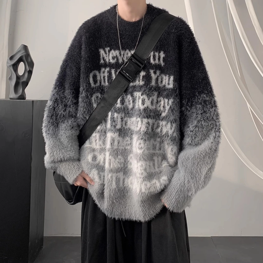 潮男装水貂毛设计感渐变字母针织衫男秋季慵懒风宽松毛衣长袖上衣