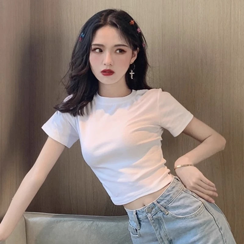 白色高腰短款露脐t恤女春游出行小众短袖紧身百搭圆领上衣ins潮