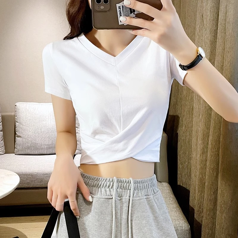白色短款女短袖v领小个子露脐高腰设计感t恤夏季春游棉质打底衣服