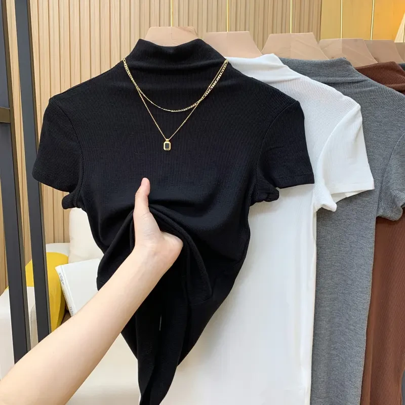 黑色针织半高领短袖t袖女2025春游新款修身显瘦中领体恤打底上衣