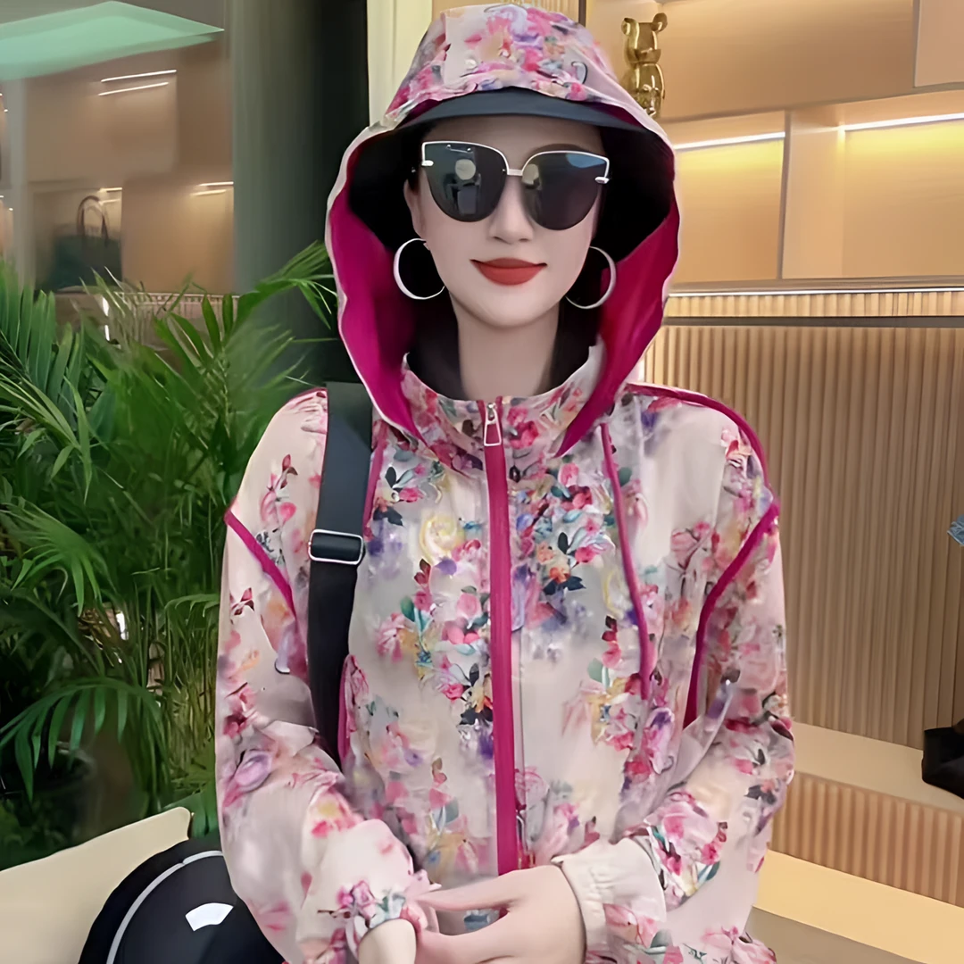 爆款高档防晒衣女款薄纱时尚新款夏季户外薄款连帽碎花防晒服外套