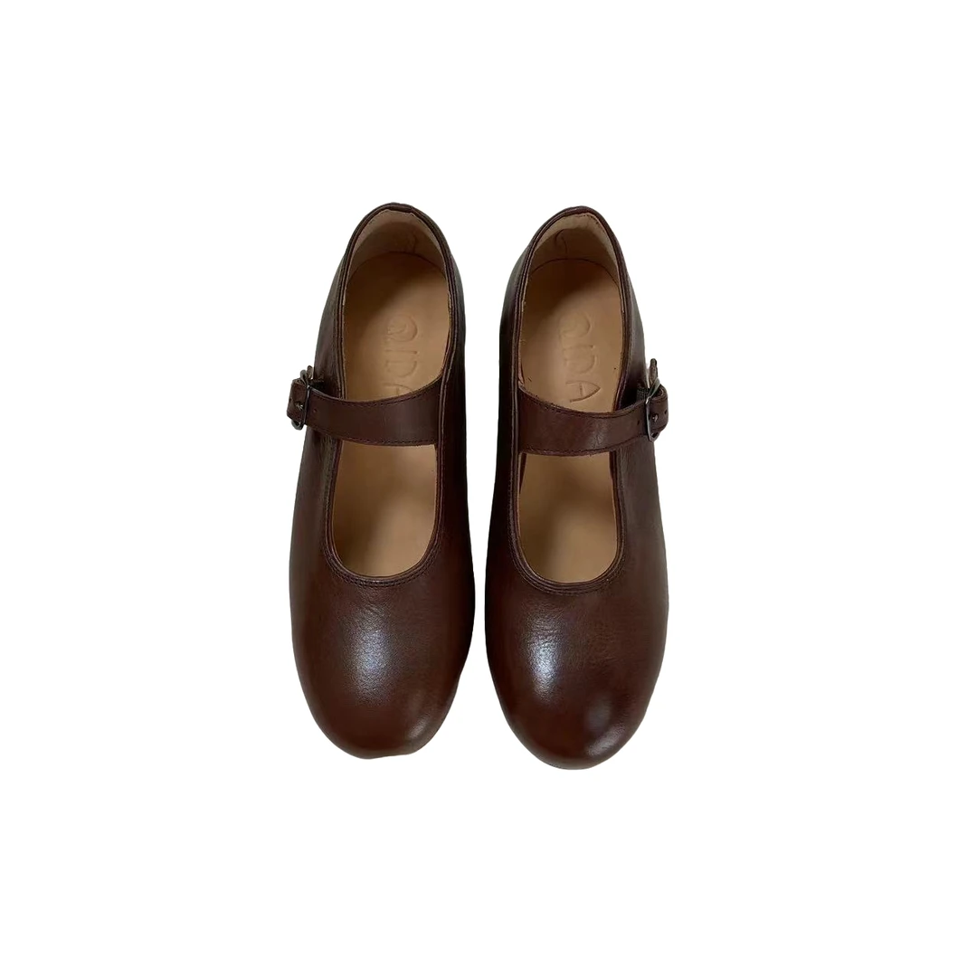 复古马皮做旧玛丽珍低跟鞋时尚舒适百搭圆头休闲女鞋秋季浅口单鞋