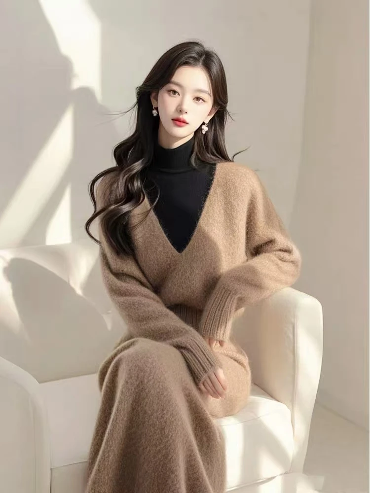 气质名媛高端时髦高级感咖啡色假两件毛衣半身裙两件套装女秋冬