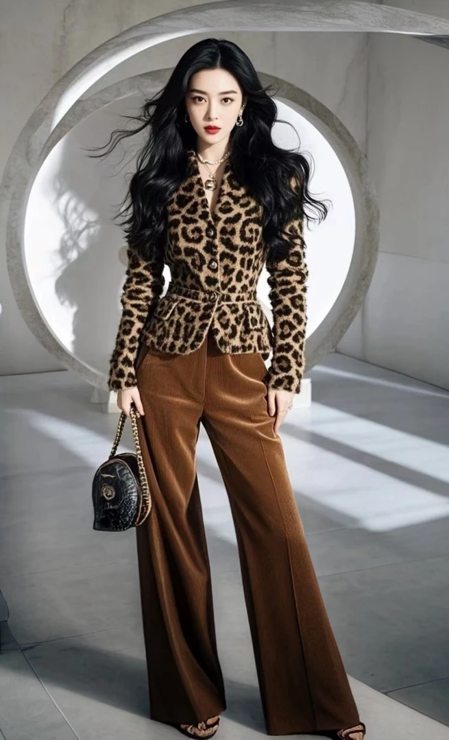 一整套入冬穿搭高级感气质御姐小香风咖色豹纹外套裤子职业套装女
