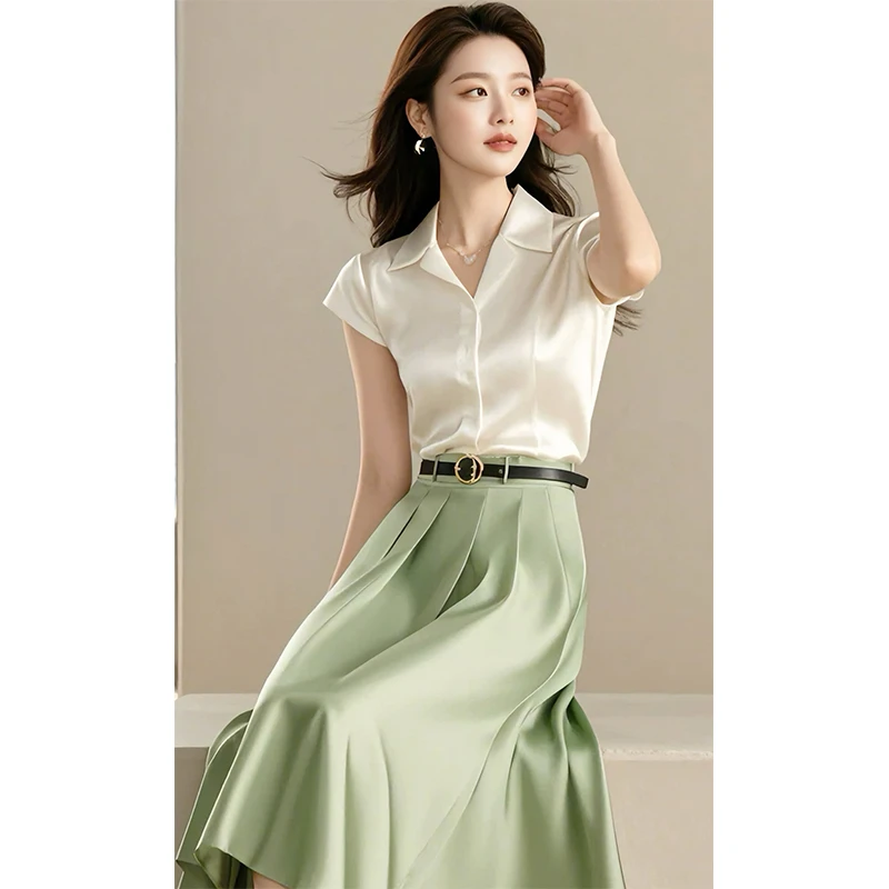 夏季2024新款时髦时尚洋气显瘦遮肉衬衫绿色半身裙两件套装女装