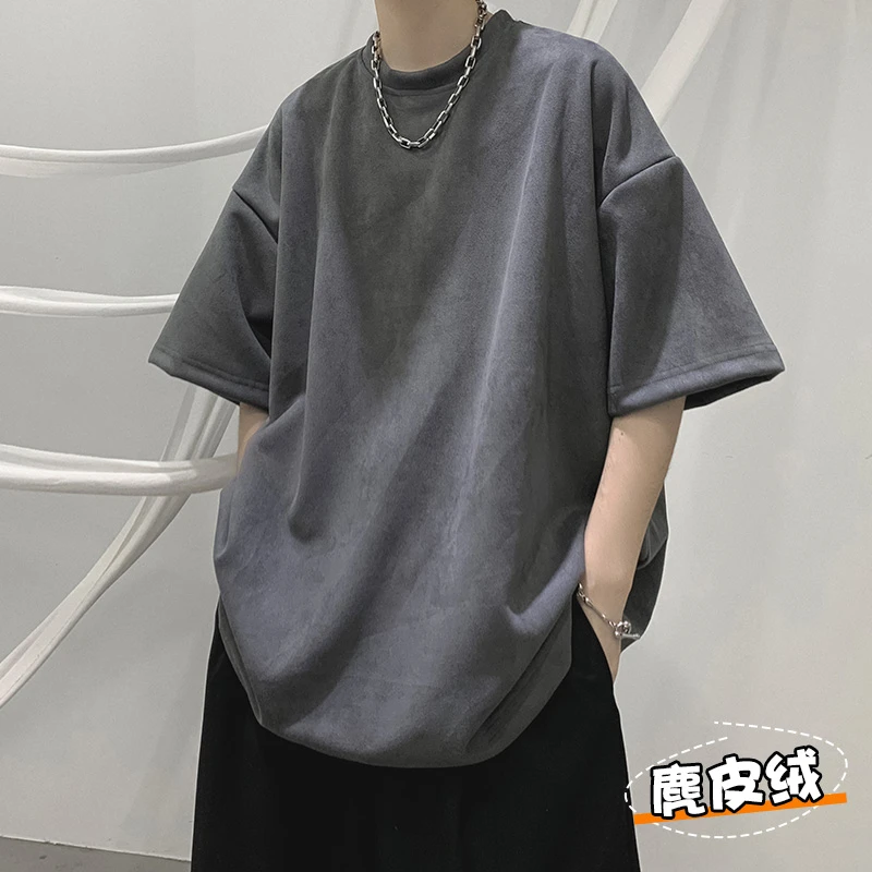 VUUG潮流旗舰店短袖t恤男款夏季宽松潮牌仿麂皮绒男生半截袖体恤