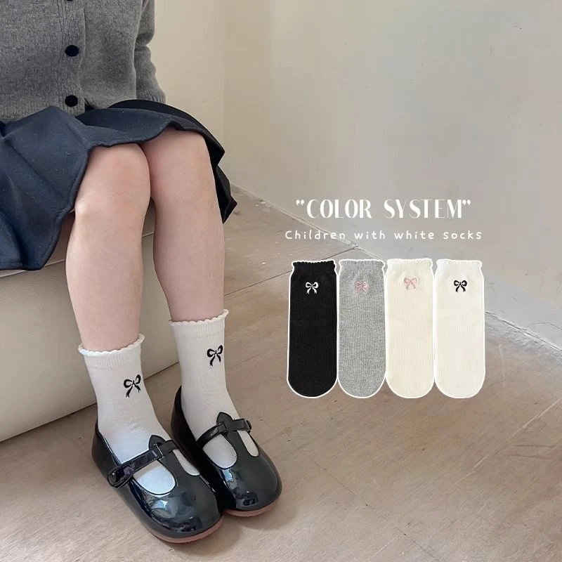 女童袜子春秋儿童中筒棉袜百搭韩版ins蝴蝶结女孩公主花边宝宝袜