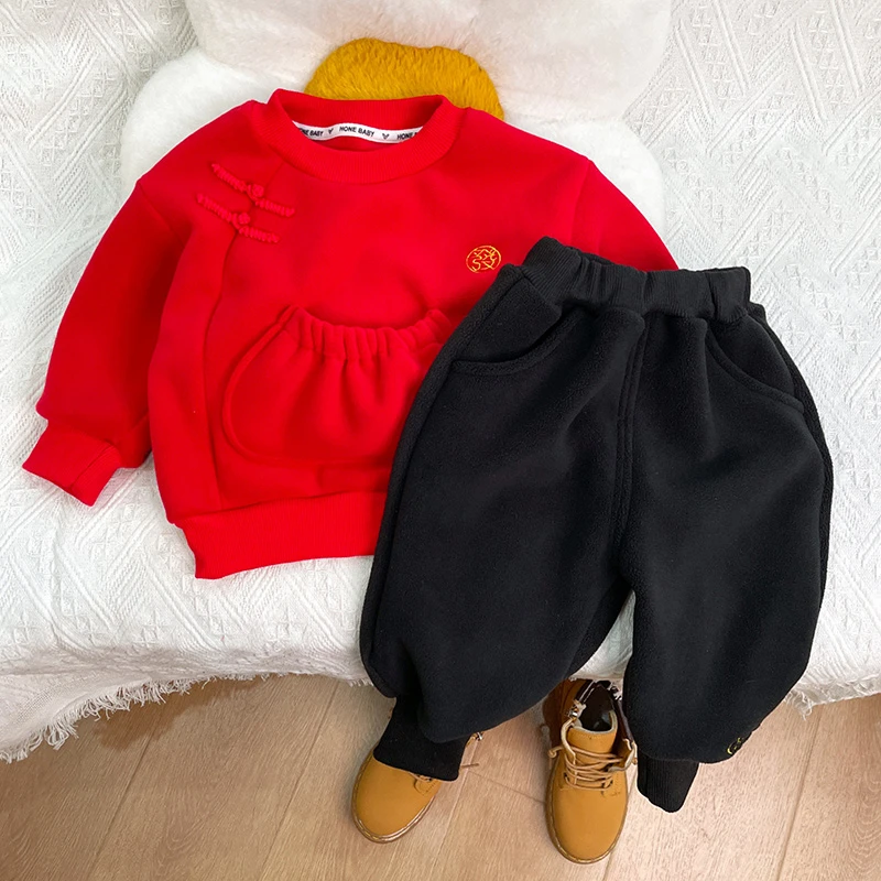 清~宝宝一体绒套装中国风加绒喜庆唐装儿童过年衣服双面奥粒绒