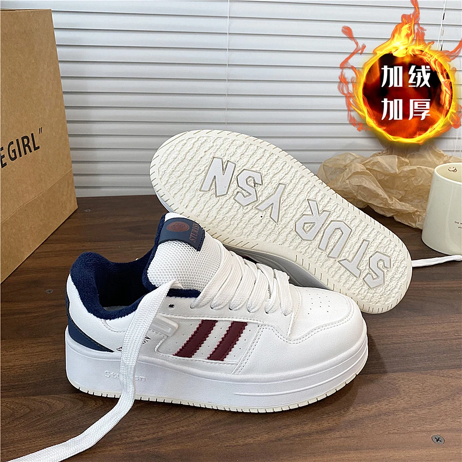 加绒棉鞋白酒红厚底面包鞋增高休闲板鞋女ins2024冬季新款运动鞋