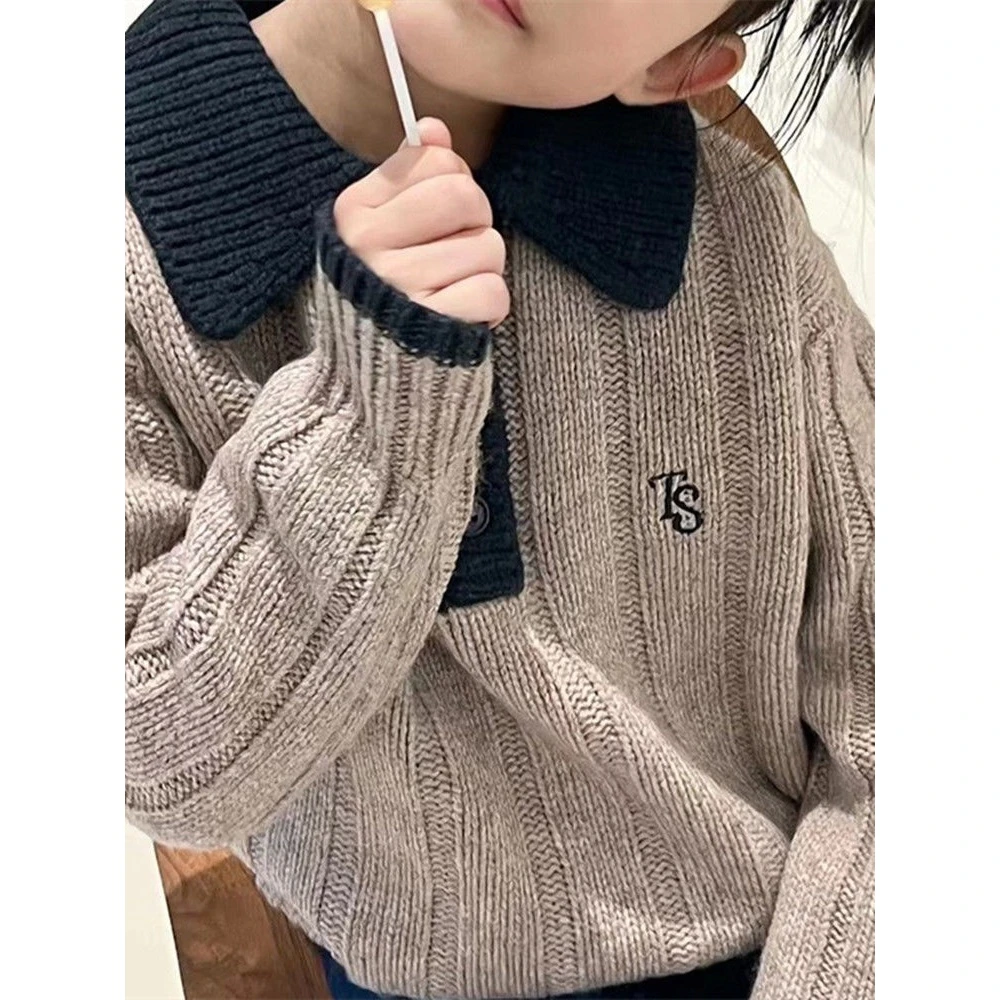 韩国童装女童毛衣翻领2023秋装儿童针织衫男童Polo上衣中大童长袖