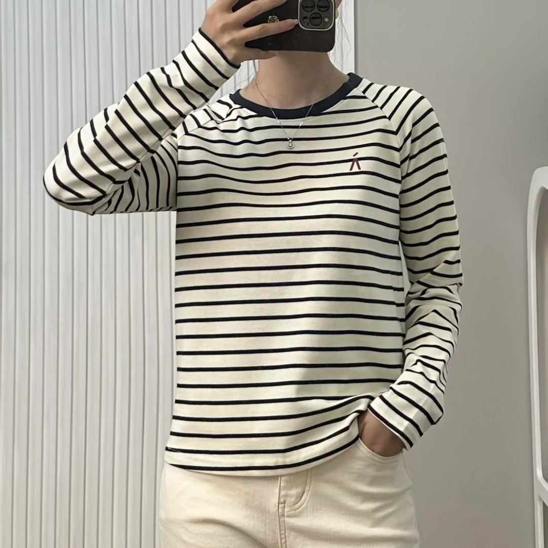 澜石！秋季新款纯棉百搭简洁打底衫清新圆领条纹长袖T恤（24320）