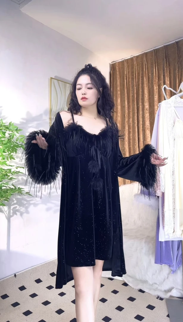 GC【黑天鹅＆白天鹅】秋冬长款丝绒睡衣纯欲吊带睡裙女外袍黑色显瘦