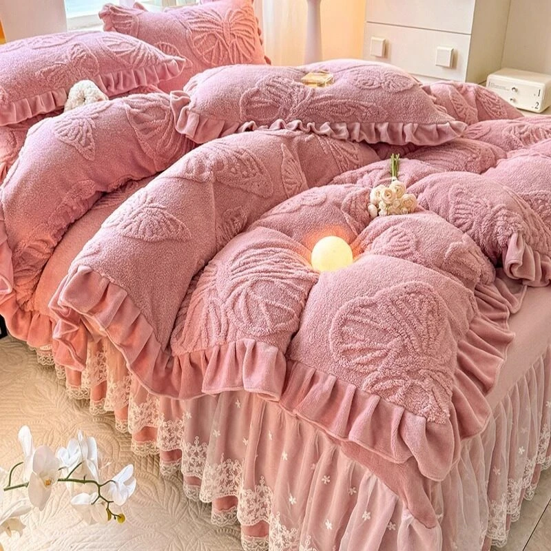 公主风加厚牛奶绒四件套冬天季珊瑚绒少女心花边被套床裙床上用品