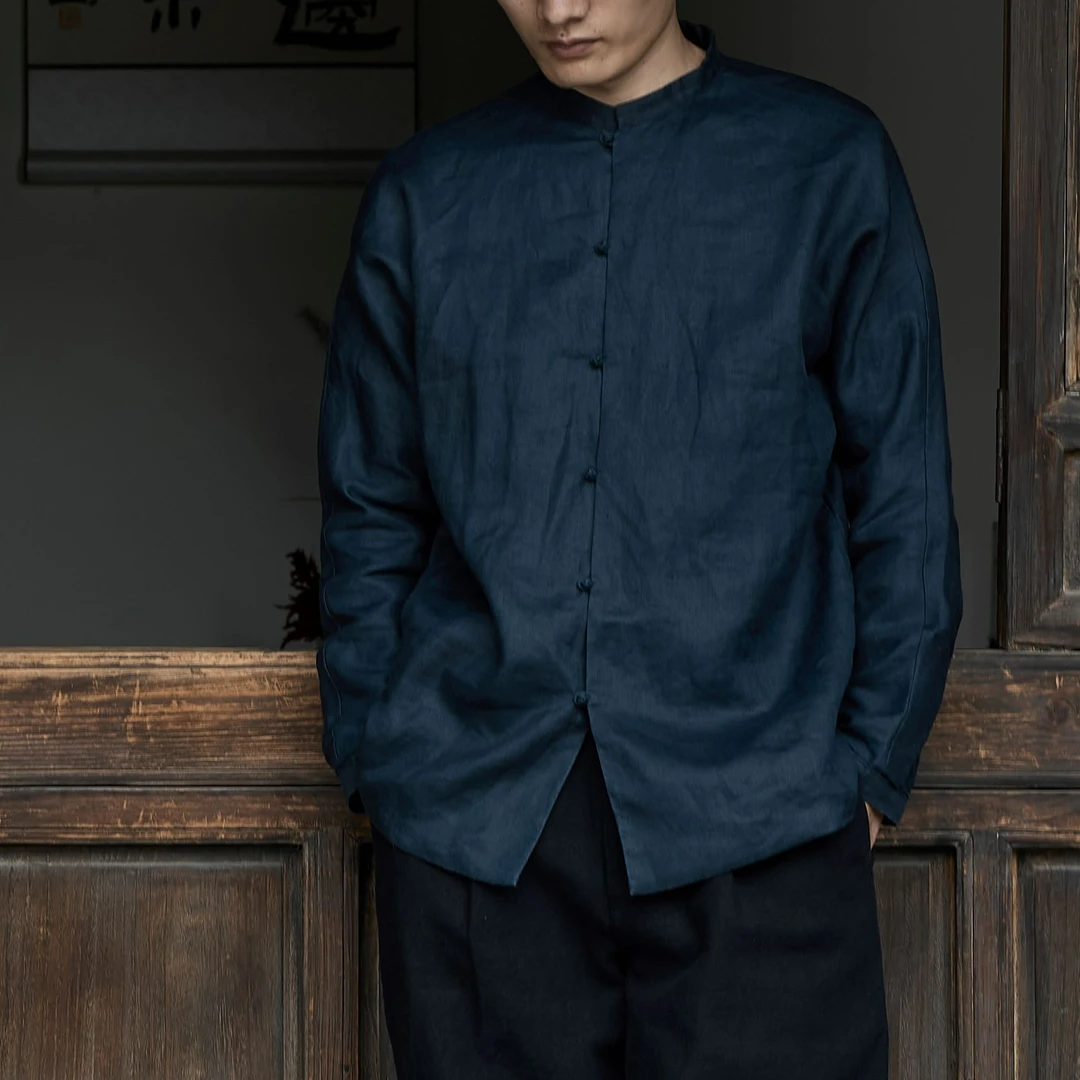 CIHANGBUYI/慈航布衣中式蓝色衬衫蓝色苎麻