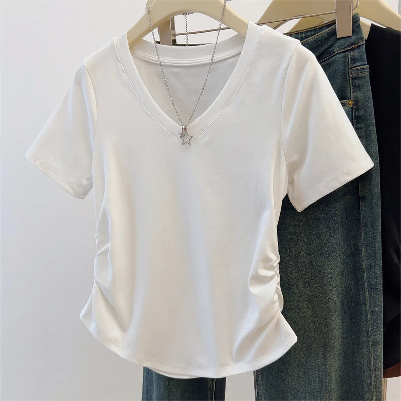 大码女装V领减龄短袖t恤夏季新款胖妹妹设计感小众遮肚子显瘦上衣