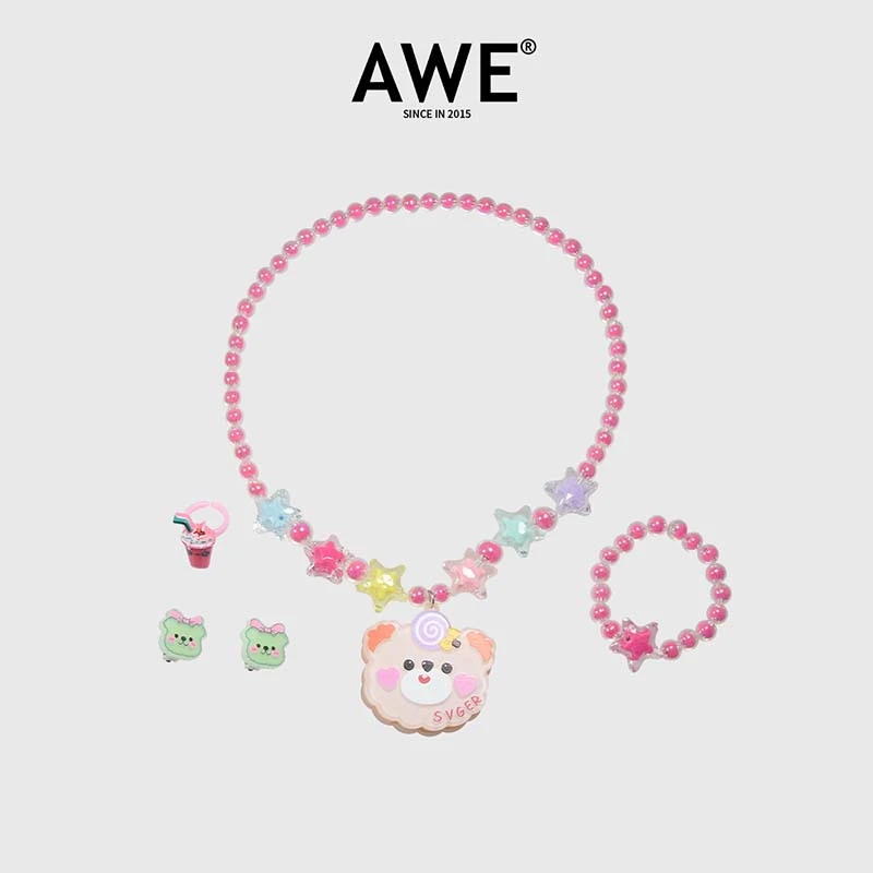 AWE 钛钢项链 赵露思同款卡通小熊吊坠可爱彩虹串珠手串时尚饰品