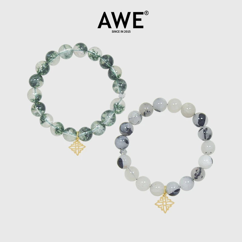 AWE 钛钢手链 招财绿色水晶串珠手串女小众情侣款黑发晶手环配饰