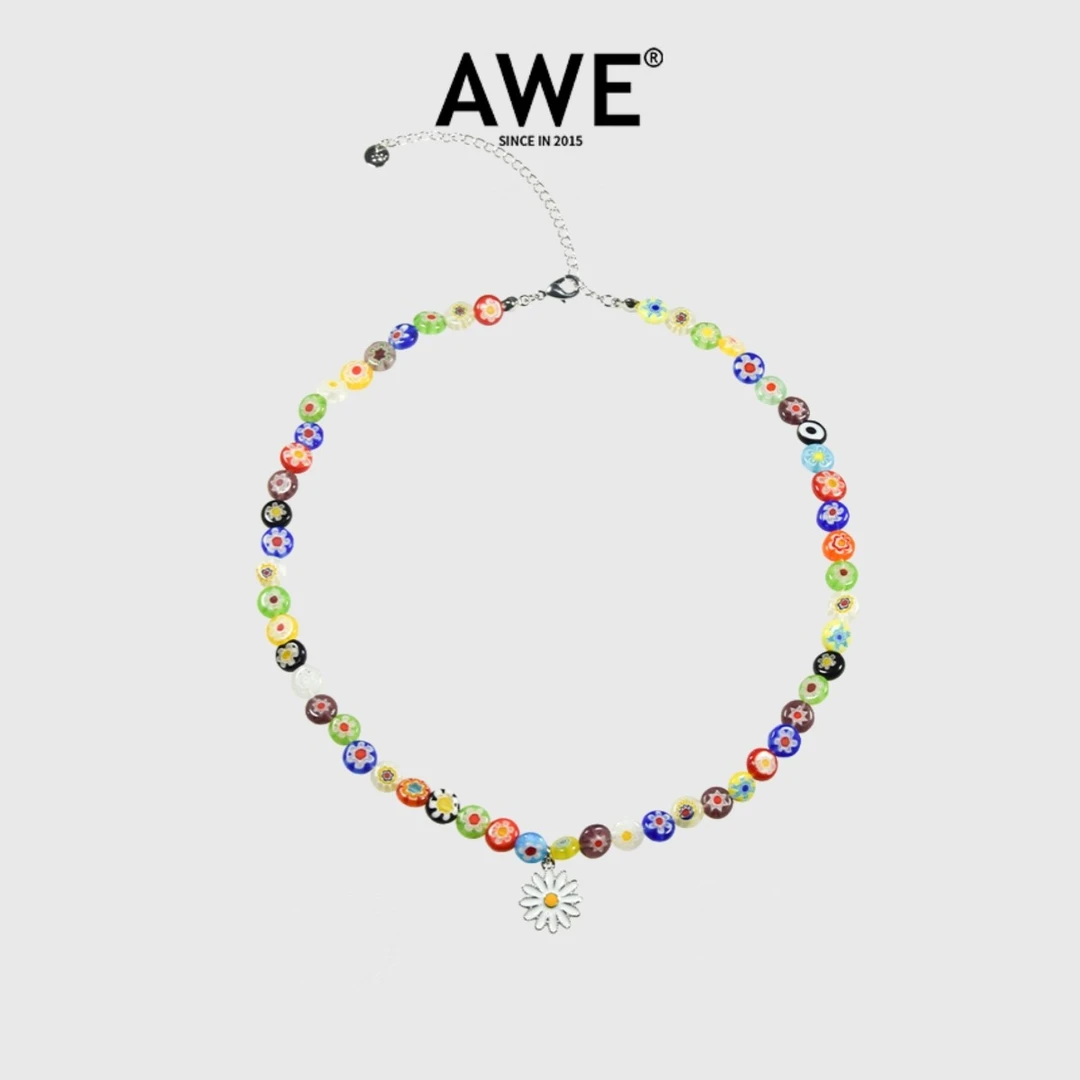 AWE 钛钢项链 彩色琉璃珠串锁骨链女生太阳花小雏菊颈链百搭饰品
