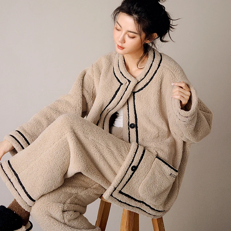 贝妍睡衣女士冬季加厚珊瑚绒休闲开衫学院风套装保暖法兰绒家居服