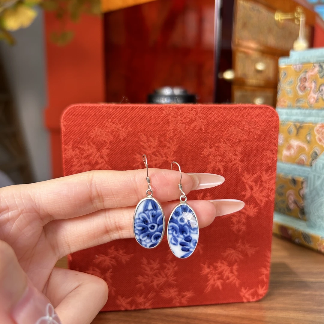 925银银制品 青花瓷 耳坠