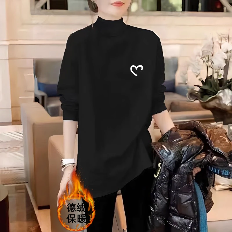 黑色中长款长袖卫衣女2023秋冬新款宽松内搭上衣德绒半高领打底衫