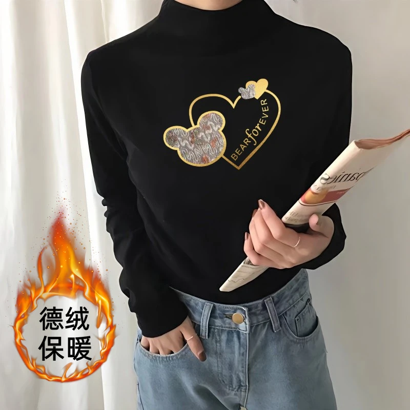 2023秋冬新款德绒半高领打底衫长袖t恤女内搭显瘦百搭保暖上衣ins