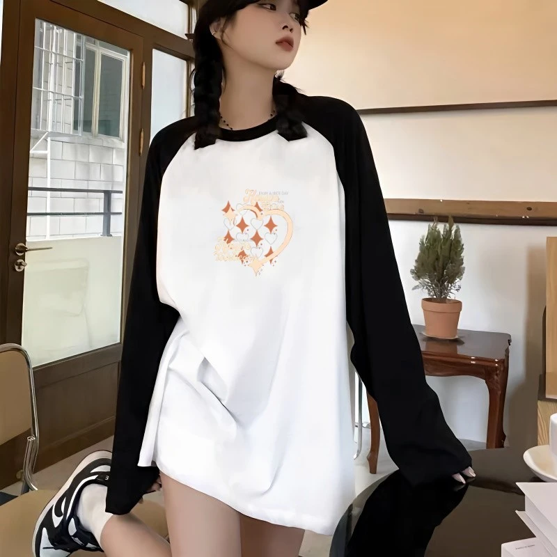 纯棉打底衫女春季204新款女装上衣宽松时尚洋气撞色百搭长袖t恤