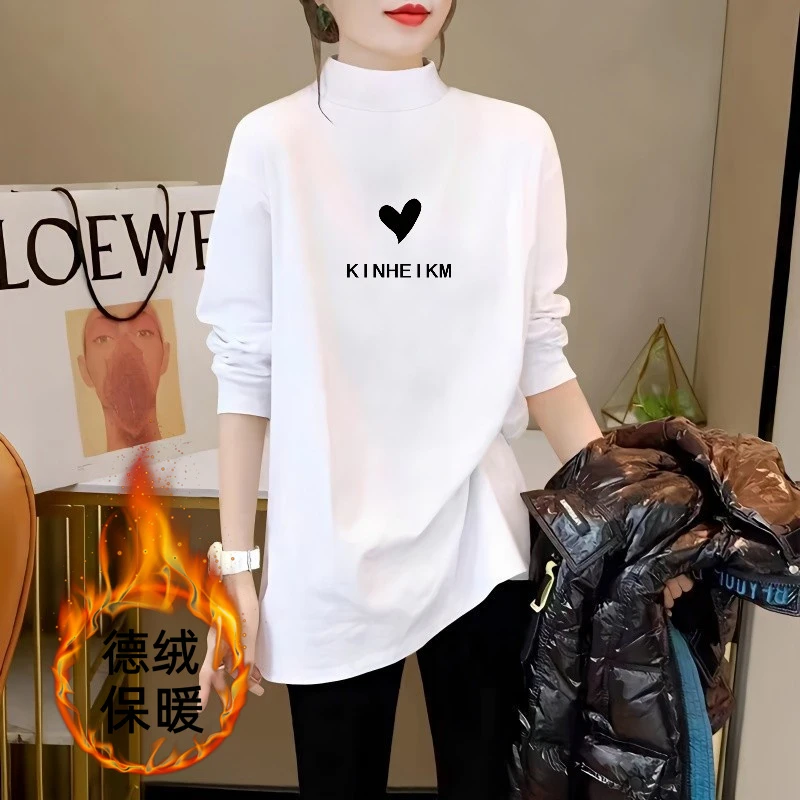 德绒白色保暖打底衫女2024秋冬长款时尚长袖t恤内搭卫衣上衣女潮