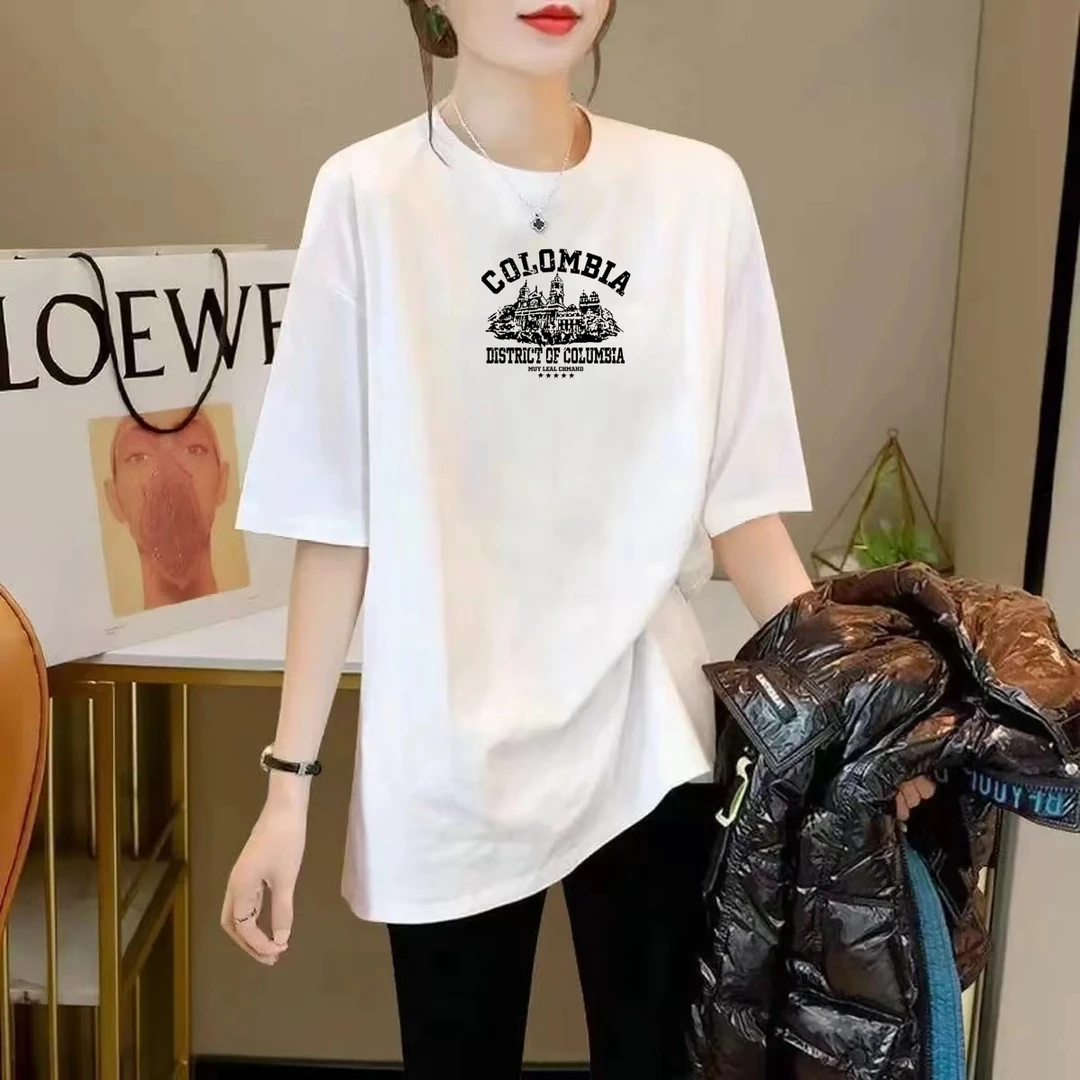 下衣失踪纯棉短袖正肩t恤女夏季2024新款宽松大版中长款半袖上衣