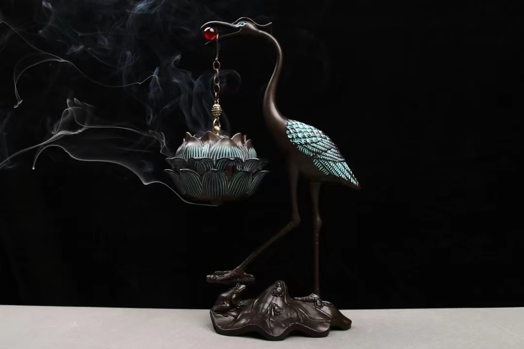 香礼瑞鹤嵌福红绿宝玉吊炉 中式熏香炉倒流香炉茶道室内仙鹤摆件